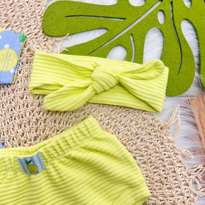 Conj. Body Limãozinho, Tapa Fralda e Faixa de Cabelo - Verde e Azul Jeans 